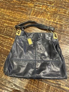 Badgley Mischka Classic Blue Black Leather Shoulder Bag with Gold Accents